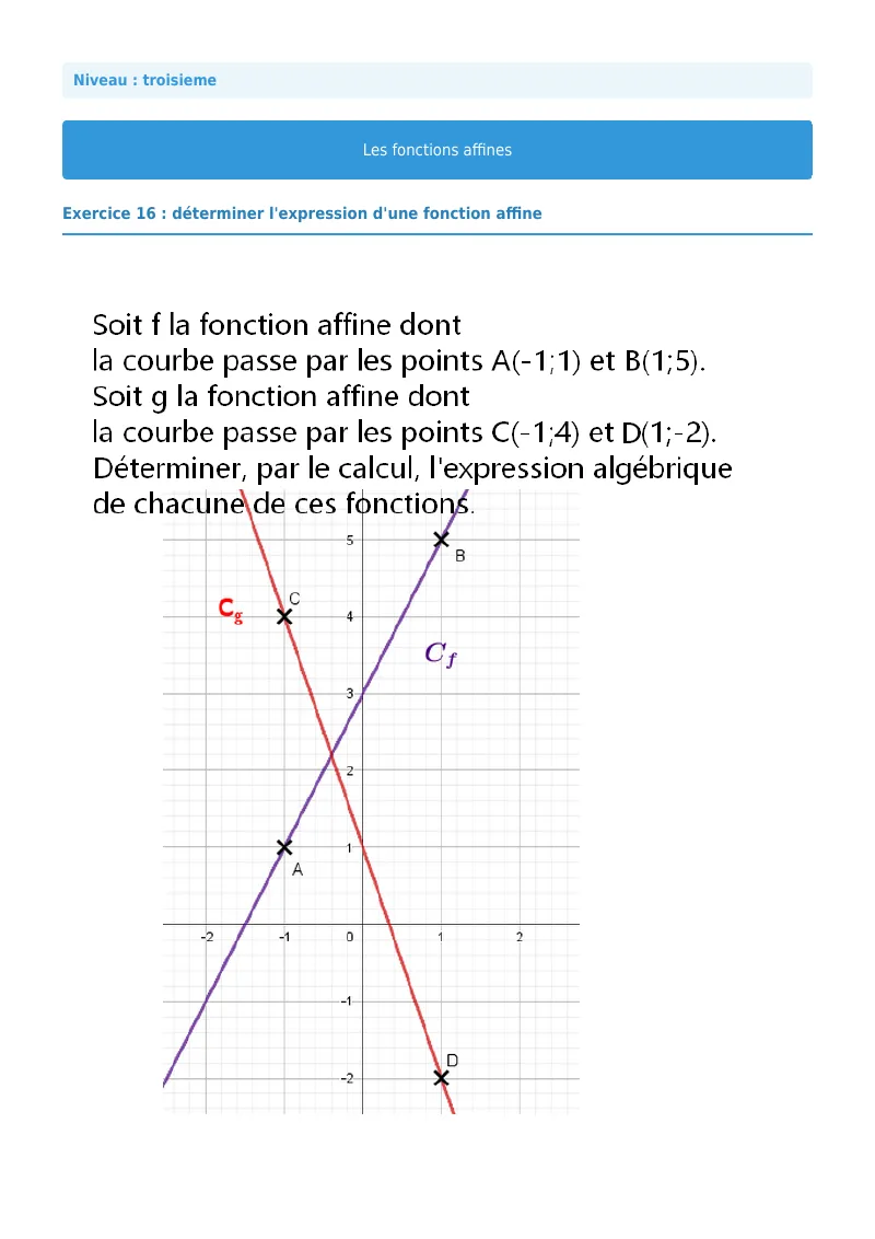 Fonctions affines : exercice n°16 de maths en 3ème corrigé en PDF