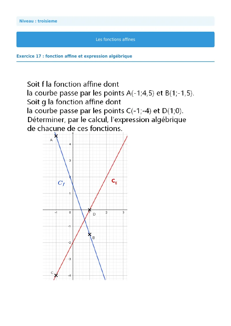 Fonctions affines : exercice n°17 de maths en 3ème corrigé en PDF
