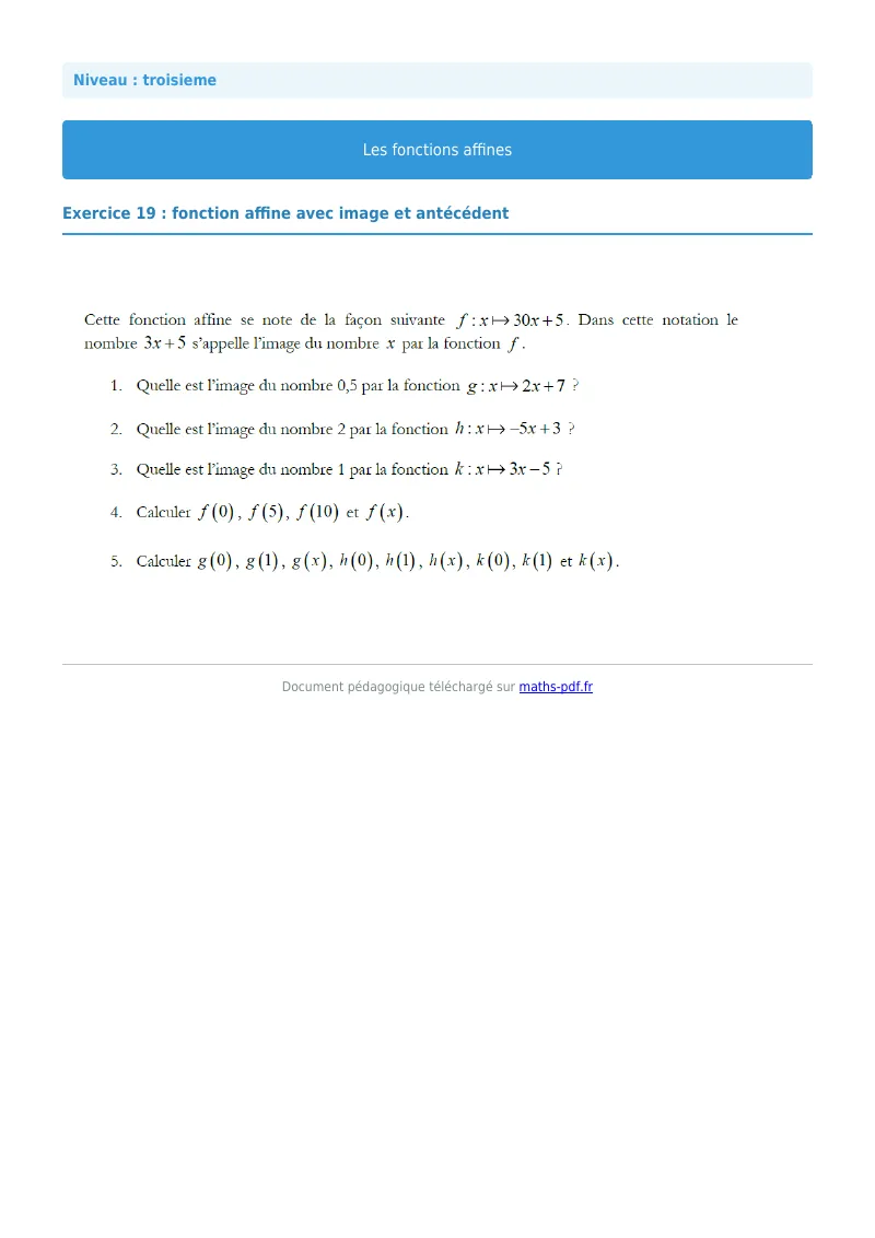 Fonctions affines : exercice n°19 de maths en 3ème corrigé en PDF