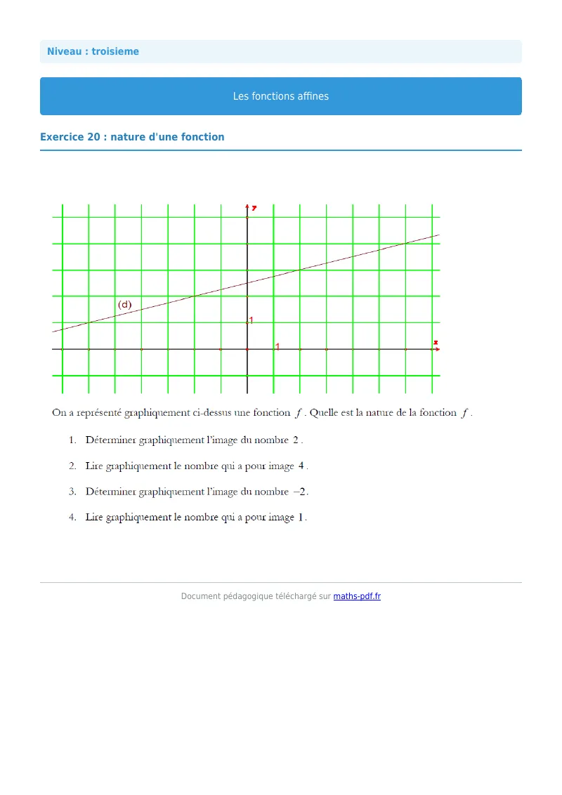 Fonctions affines : exercice n°20 de maths en 3ème corrigé en PDF