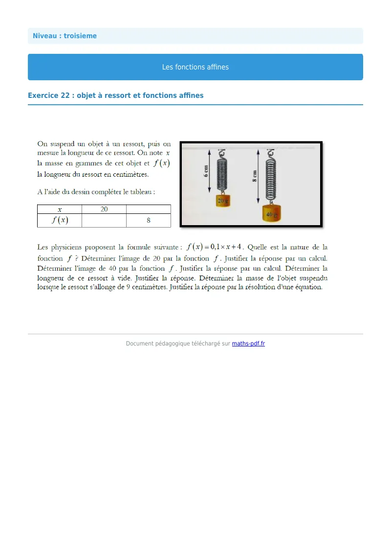 Fonctions affines : exercice n°22 de maths en 3ème corrigé en PDF