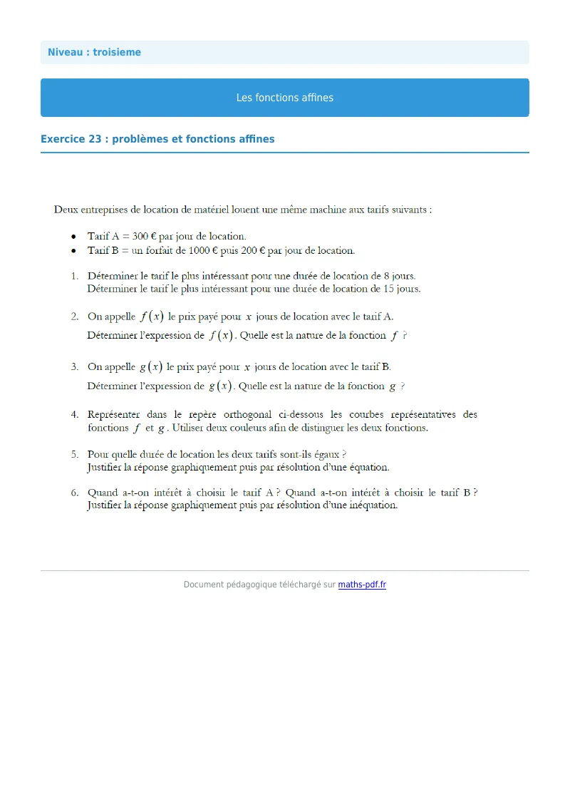 Fonctions affines : exercice n°23 de maths en 3ème corrigé en PDF