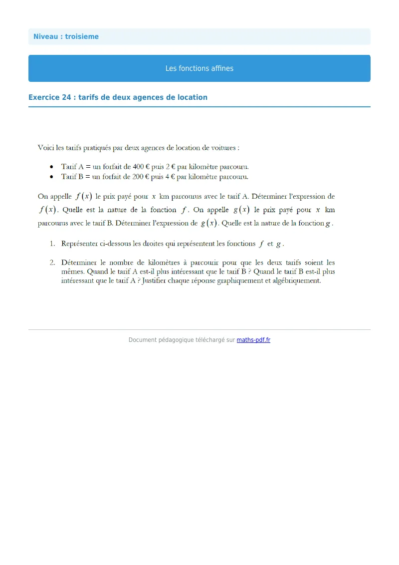 Fonctions affines : exercice n°24 de maths en 3ème corrigé en PDF