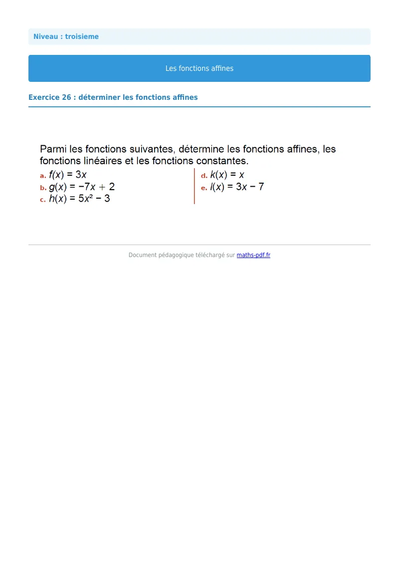 Fonctions affines : exercice n°26 de maths en 3ème corrigé en PDF