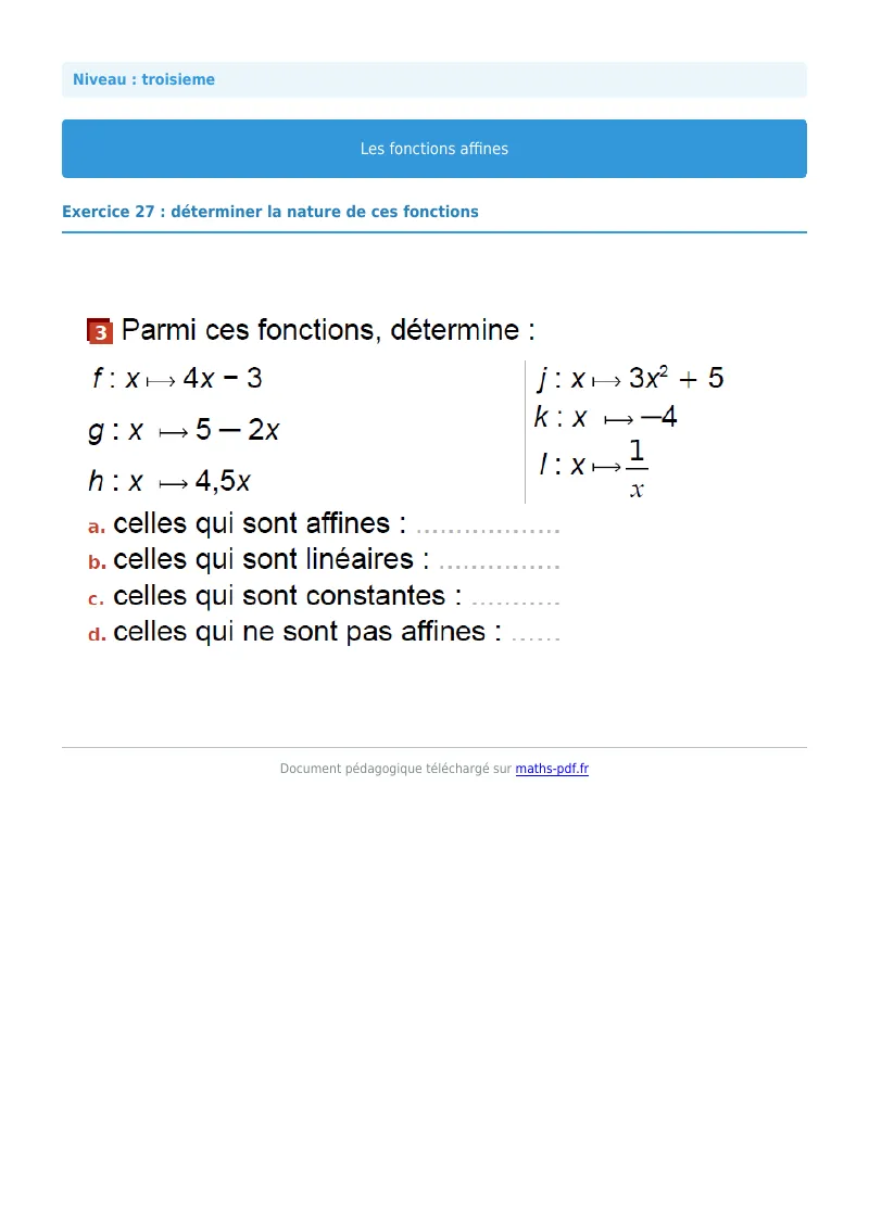 Fonctions affines : exercice n°27 de maths en 3ème corrigé en PDF
