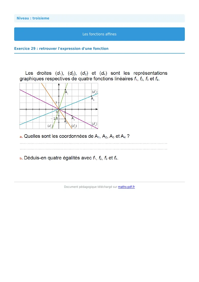 Fonctions affines : exercice n°29 de maths en 3ème corrigé en PDF