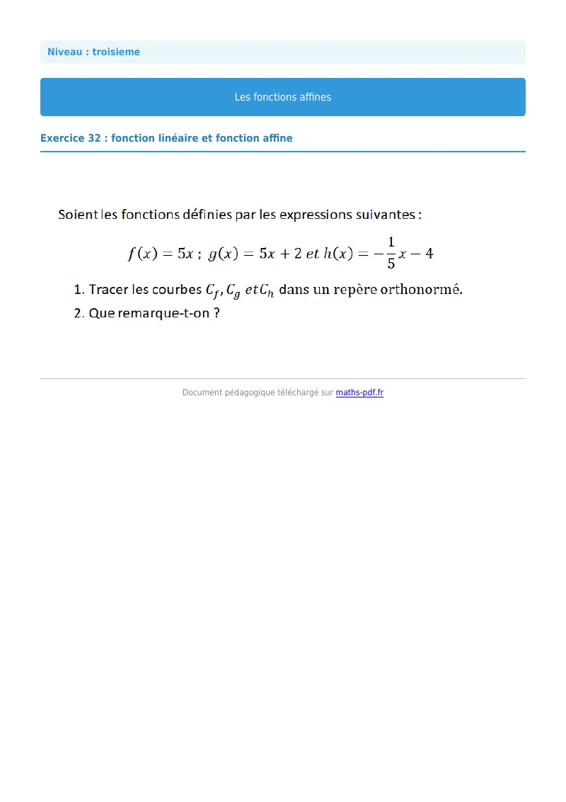 Fonctions affines : exercice n°32 de maths en 3ème corrigé en PDF