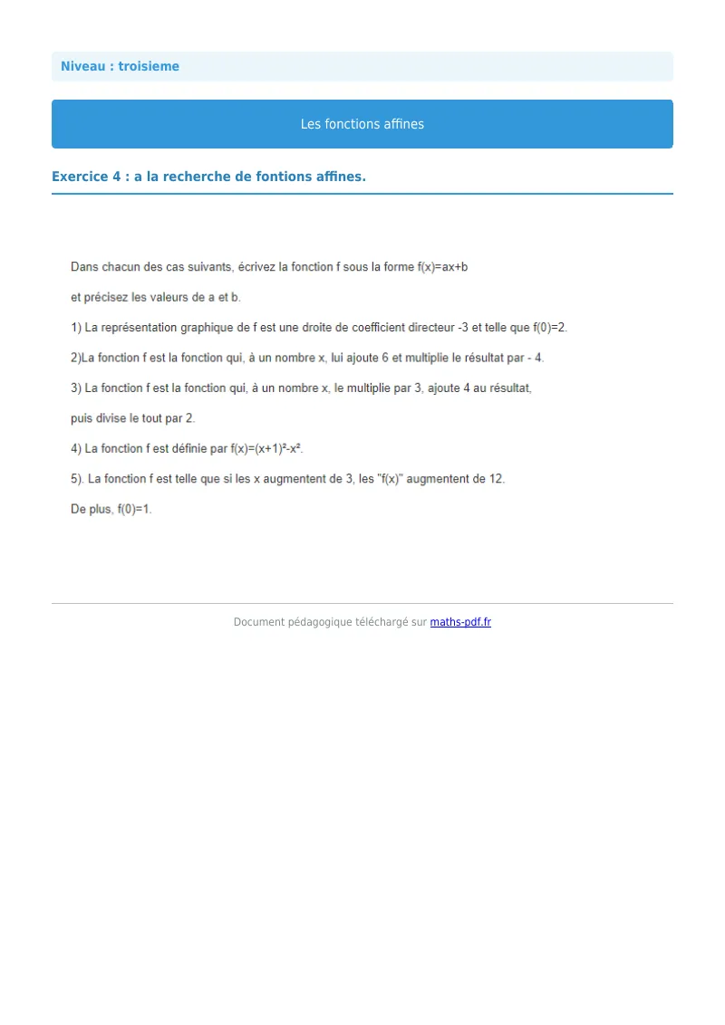 Fonctions affines : exercice n°4 de maths en 3ème corrigé en PDF