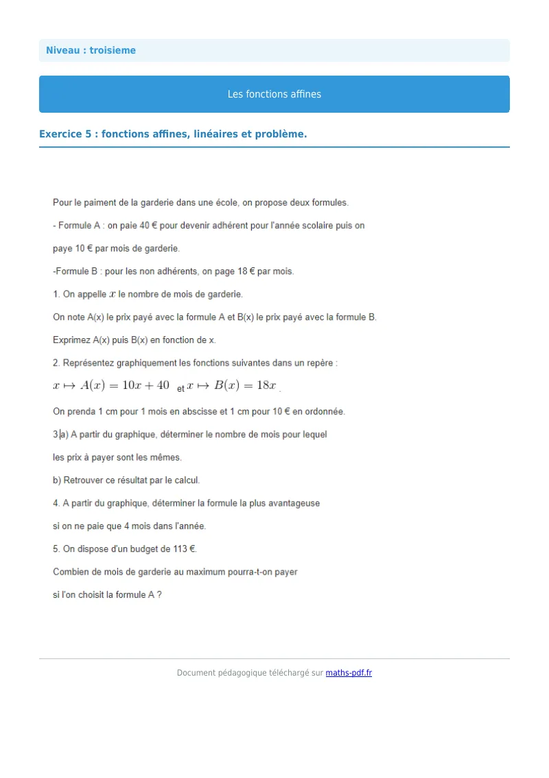Fonctions affines : exercice n°5 de maths en 3ème corrigé en PDF