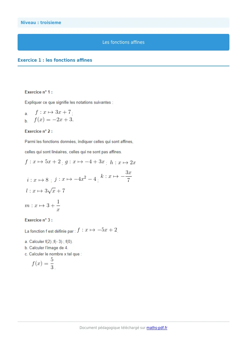 Fonctions affines : exercice n°1 de maths en 3ème corrigé en PDF