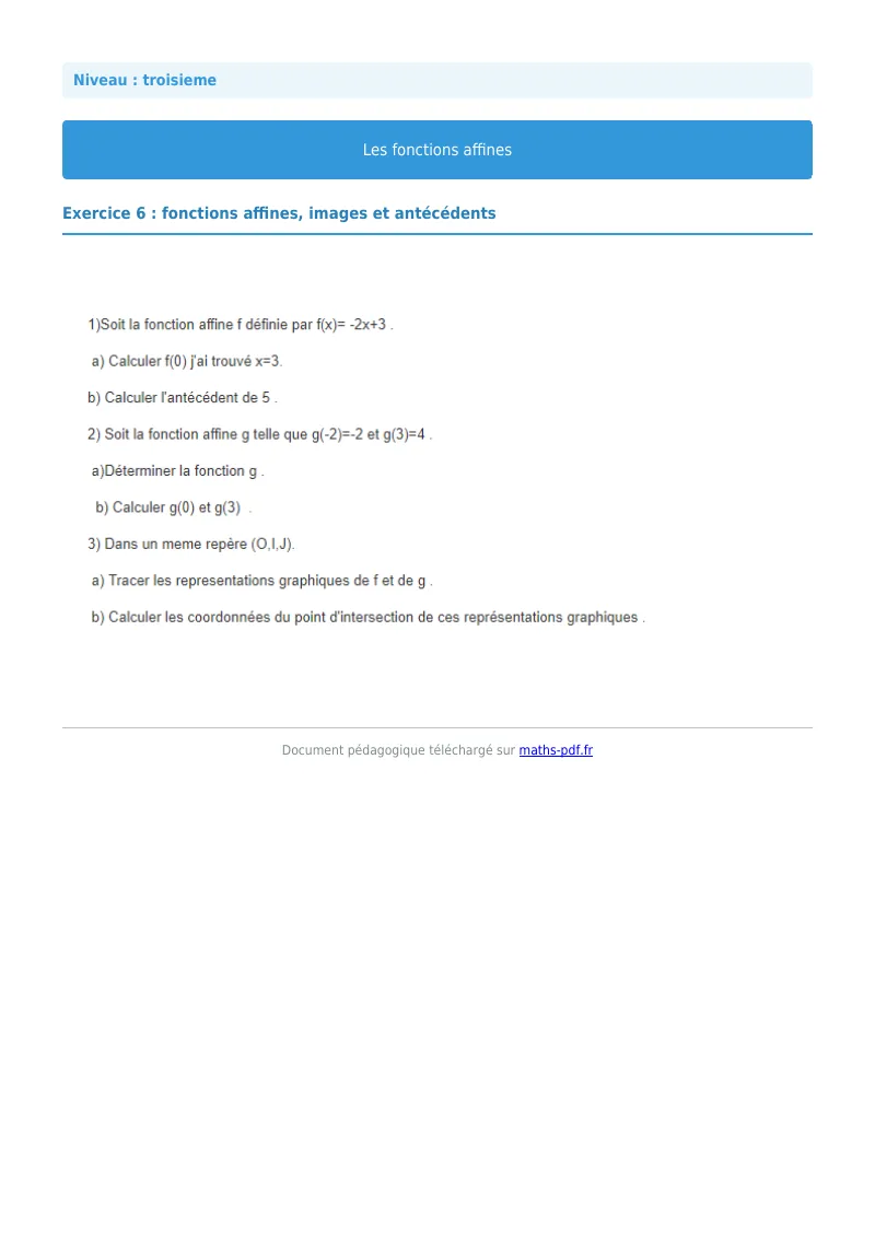 Fonctions affines : exercice n°6 de maths en 3ème corrigé en PDF