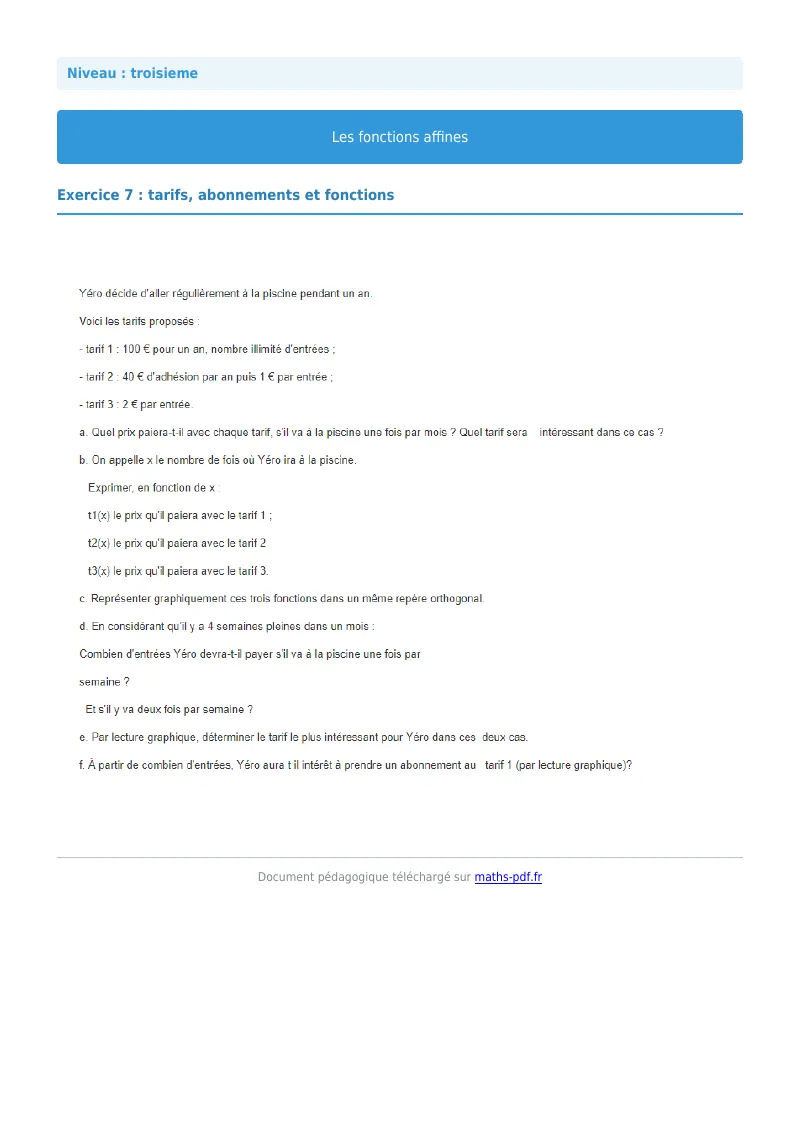 Fonctions affines : exercice n°7 de maths en 3ème corrigé en PDF