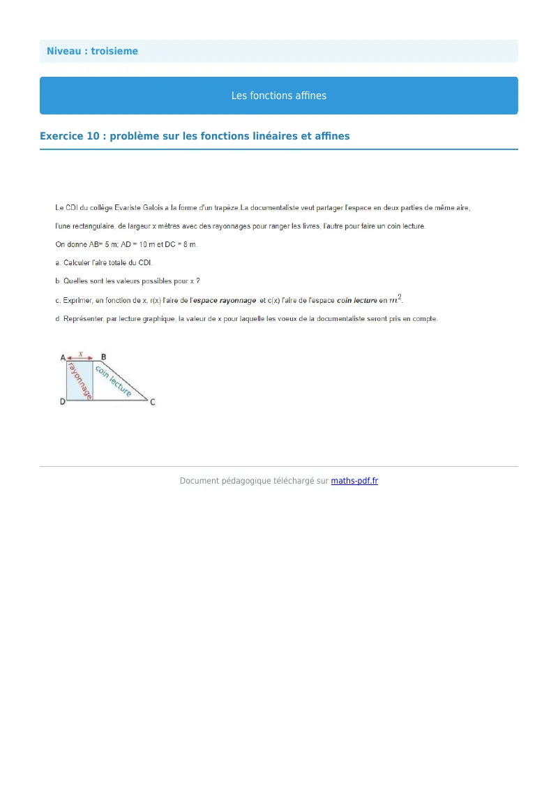 Fonctions affines : exercice n°10 de maths en 3ème corrigé en PDF
