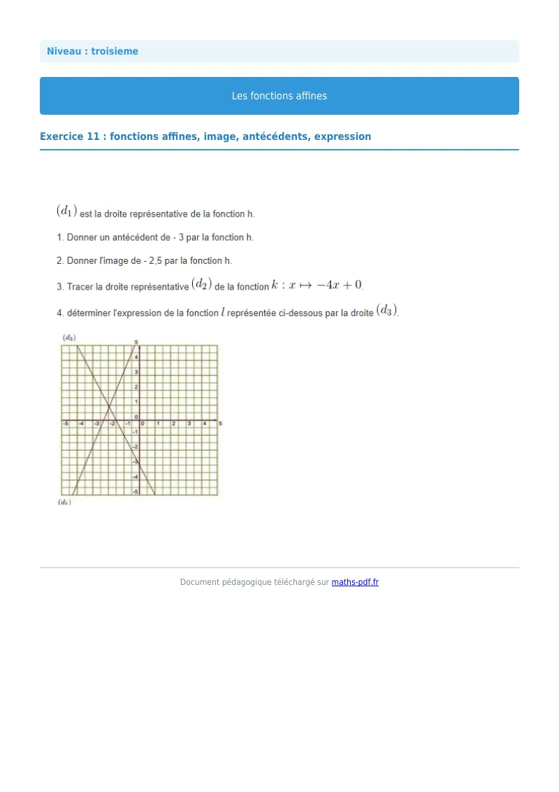 Fonctions affines : exercice n°11 de maths en 3ème corrigé en PDF