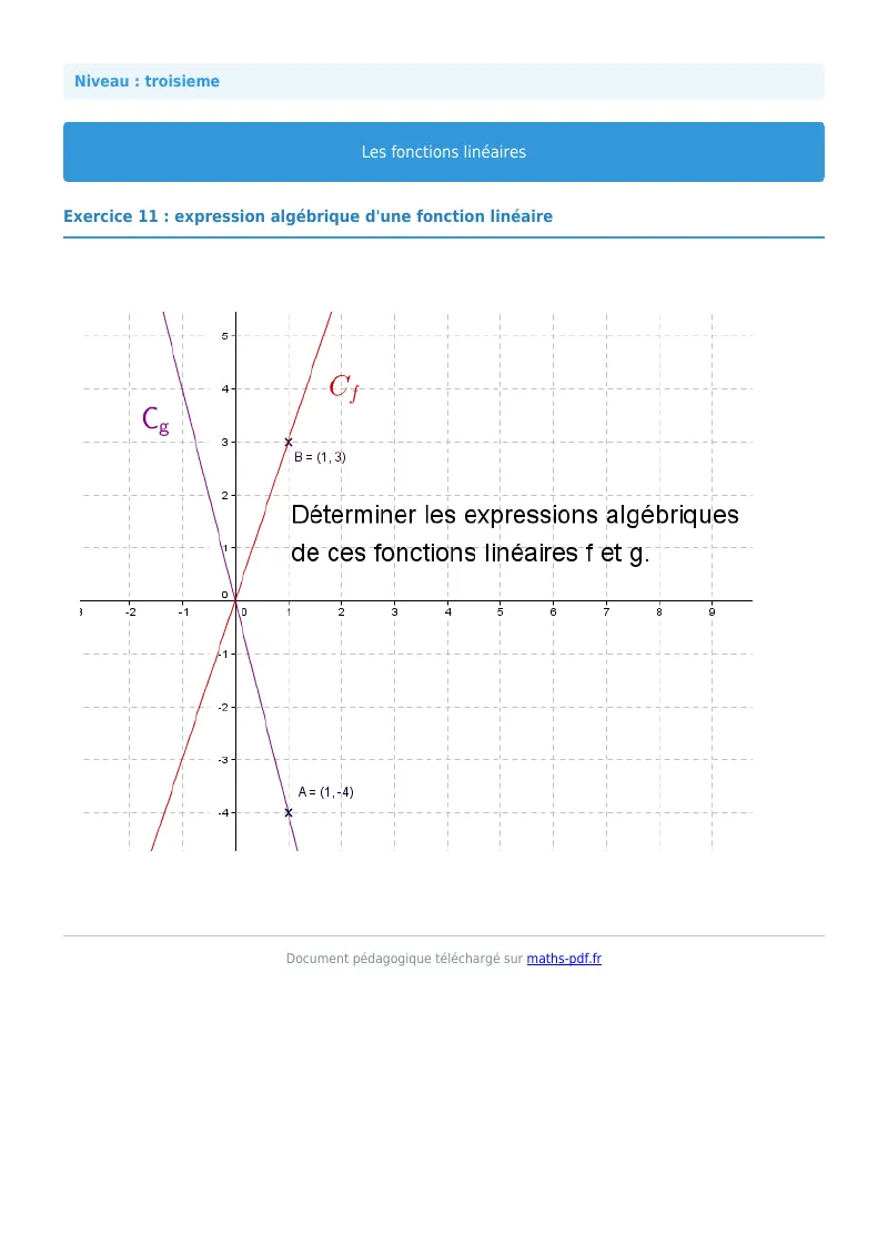 Fonctions linéaires : exercice n°11 de maths en 3ème corrigé en PDF