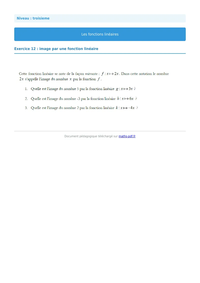 Fonctions linéaires : exercice n°12 de maths en 3ème corrigé en PDF