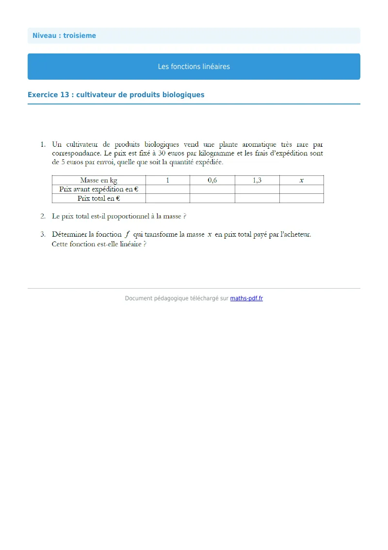 Fonctions linéaires : exercice n°13 de maths en 3ème corrigé en PDF