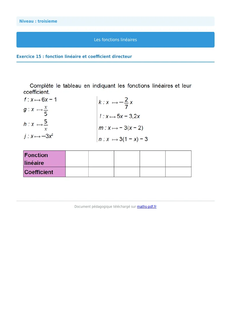 Fonctions linéaires : exercice n°15 de maths en 3ème corrigé en PDF