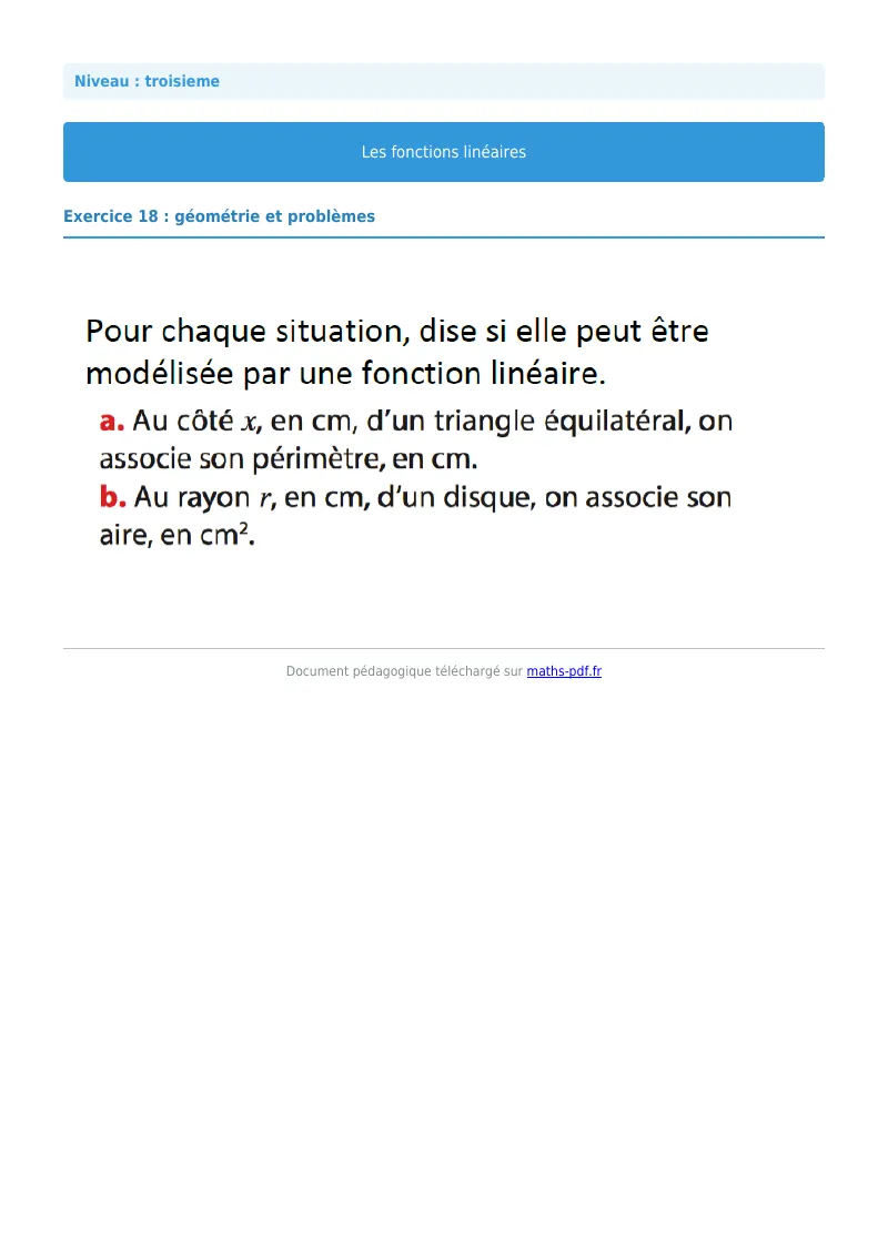 Fonctions linéaires : exercice n°18 de maths en 3ème corrigé en PDF