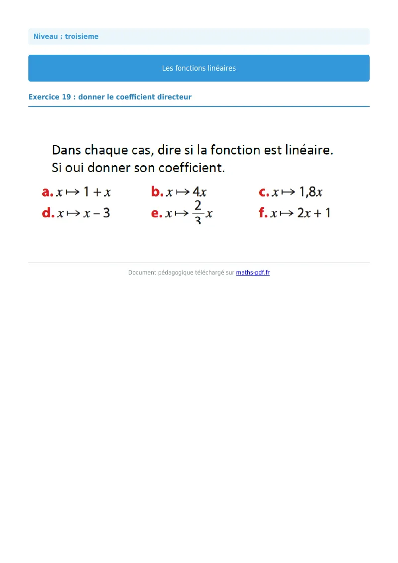 Fonctions linéaires : exercice n°19 de maths en 3ème corrigé en PDF