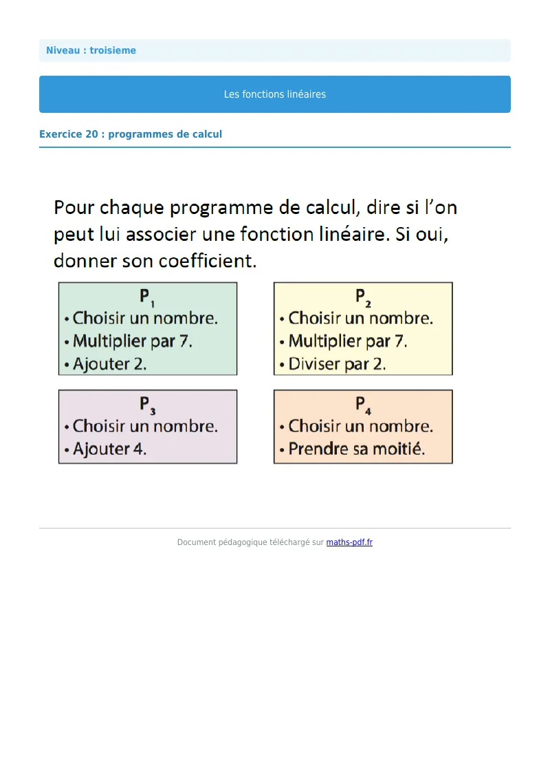 Fonctions linéaires : exercice n°20 de maths en 3ème corrigé en PDF