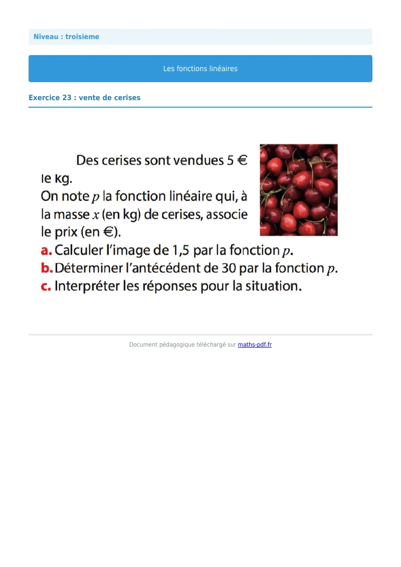 Fonctions linéaires : exercice n°23 de maths en 3ème corrigé en PDF