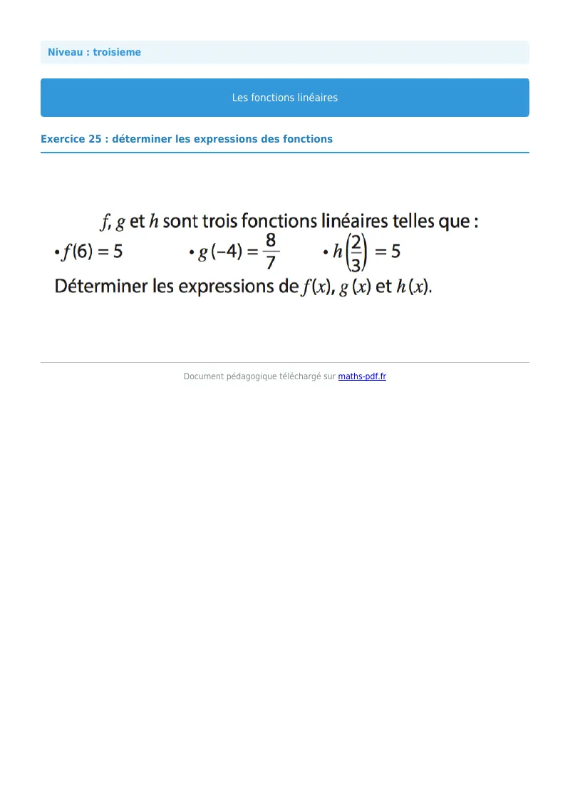 Fonctions linéaires : exercice n°25 de maths en 3ème corrigé en PDF