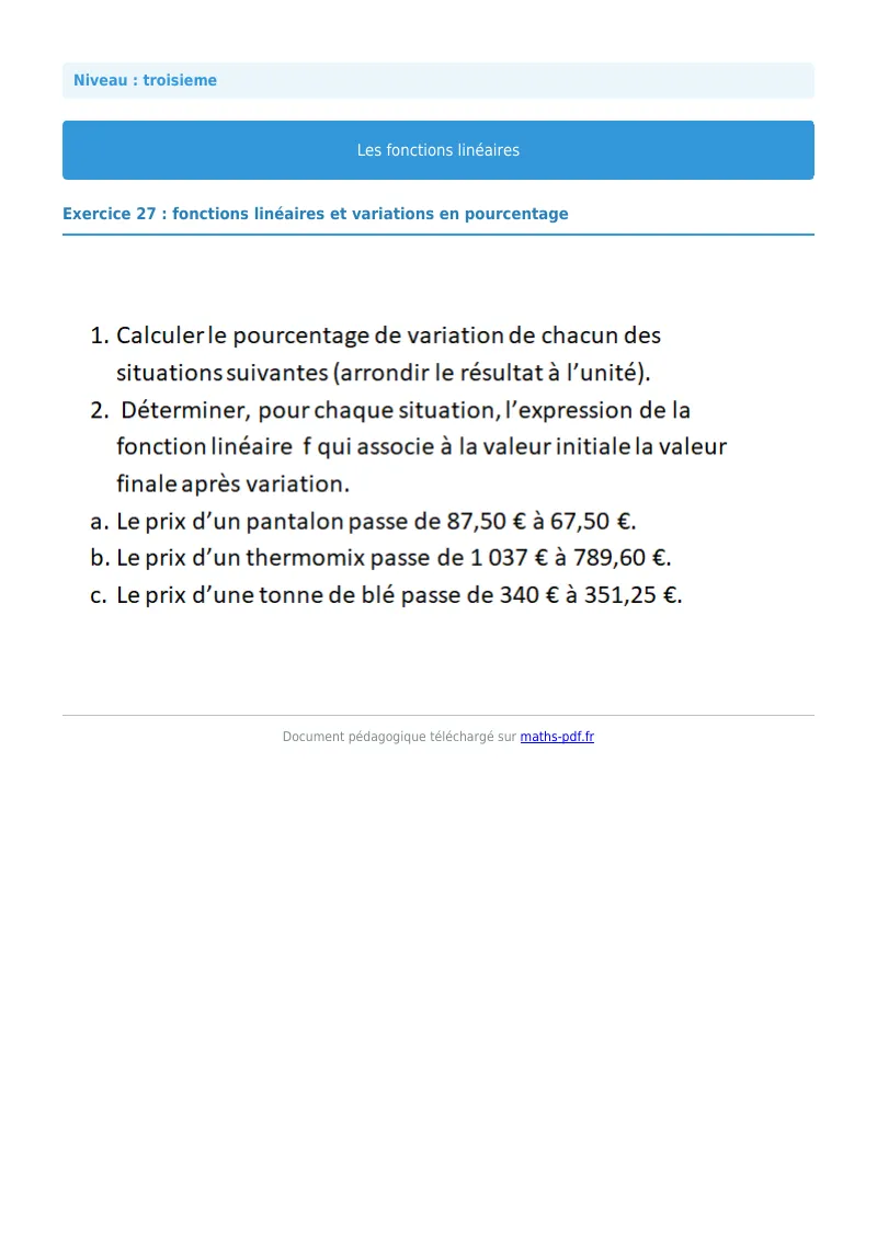 Fonctions linéaires : exercice n°27 de maths en 3ème corrigé en PDF