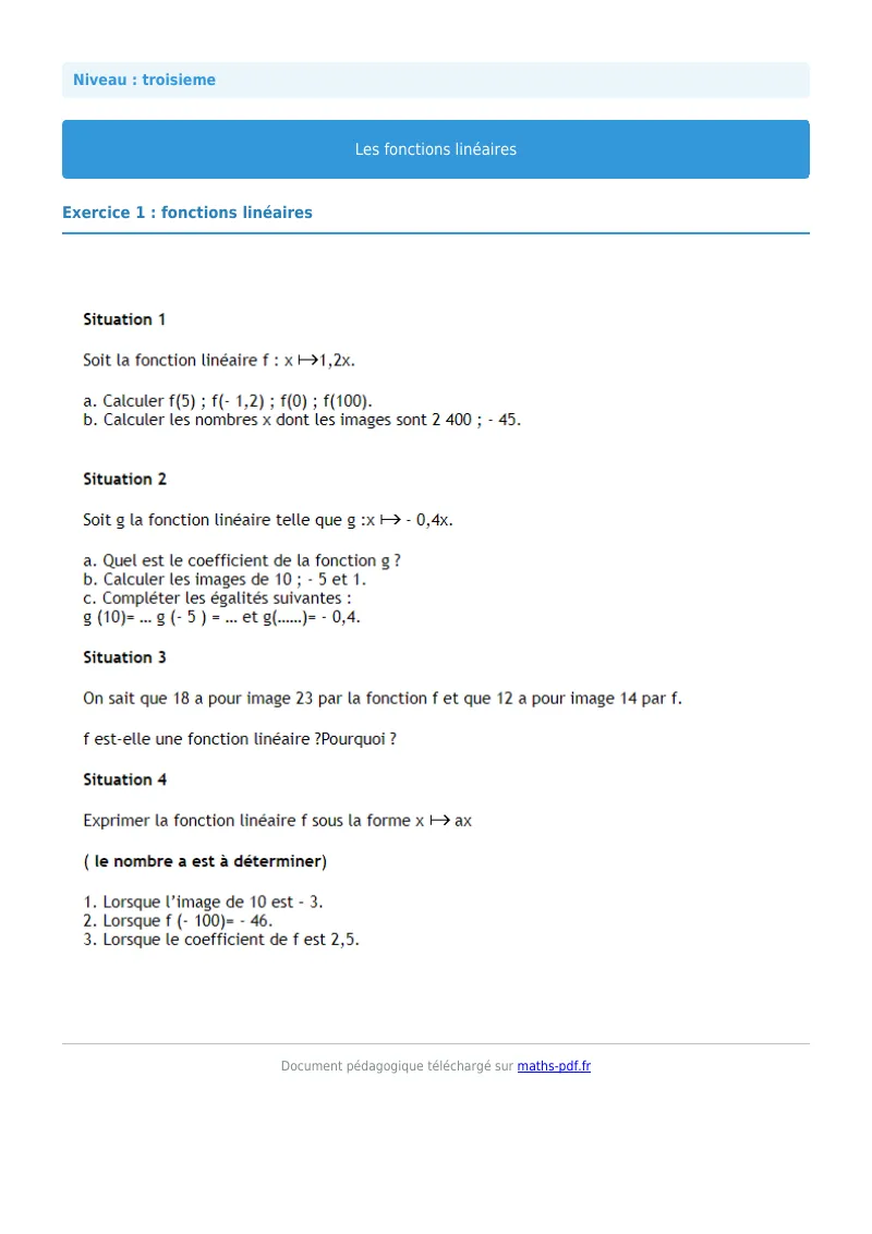Fonctions linéaires : exercice n°1 de maths en 3ème corrigé en PDF