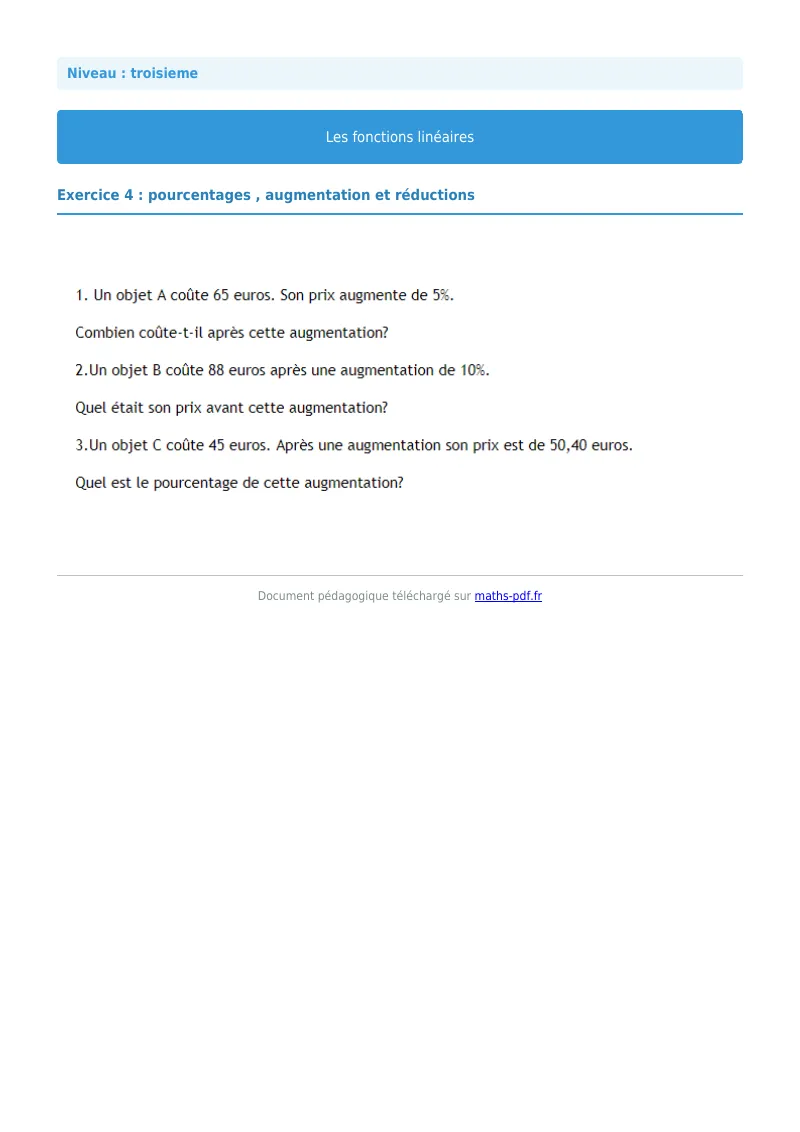 Fonctions linéaires : exercice n°4 de maths en 3ème corrigé en PDF