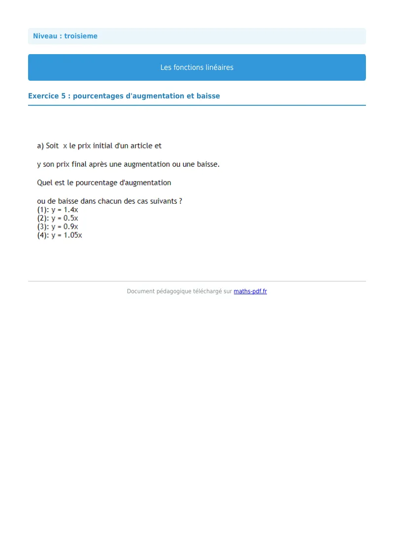 Fonctions linéaires : exercice n°5 de maths en 3ème corrigé en PDF