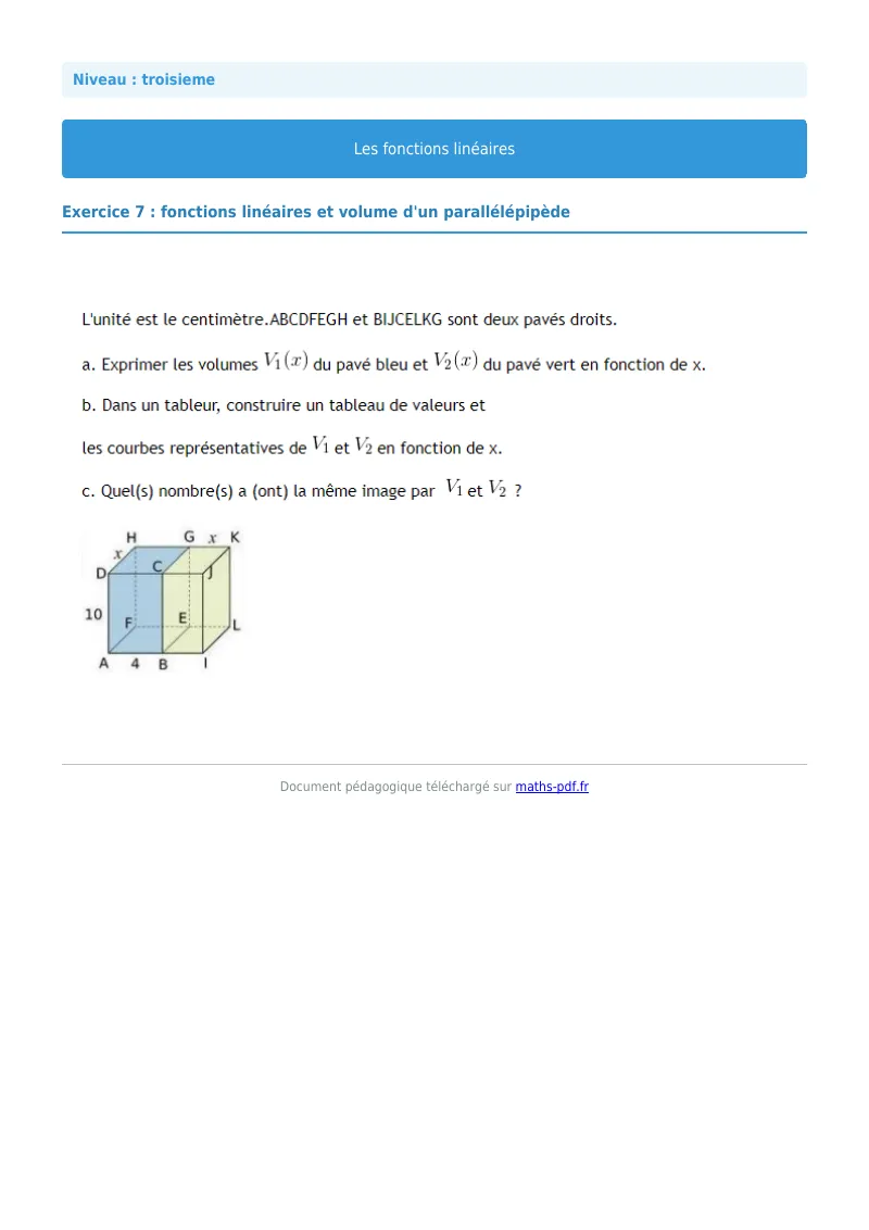 Fonctions linéaires : exercice n°7 de maths en 3ème corrigé en PDF