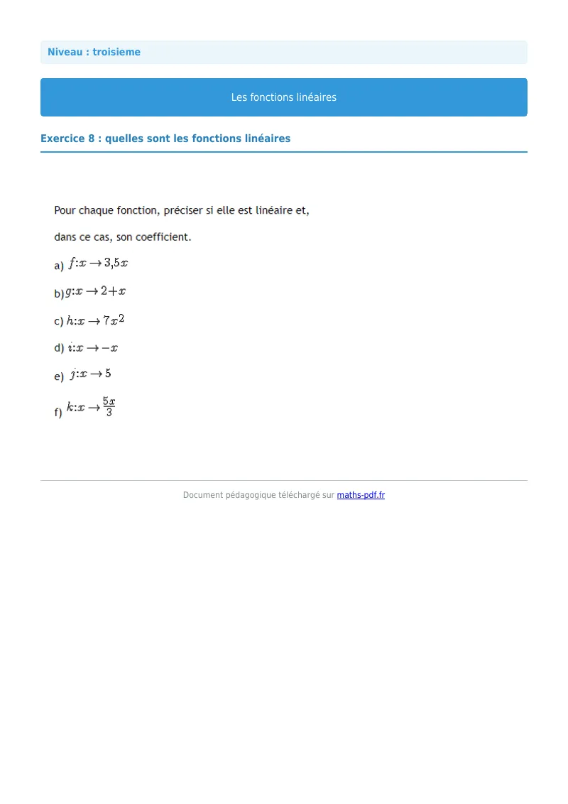 Fonctions linéaires : exercice n°8 de maths en 3ème corrigé en PDF