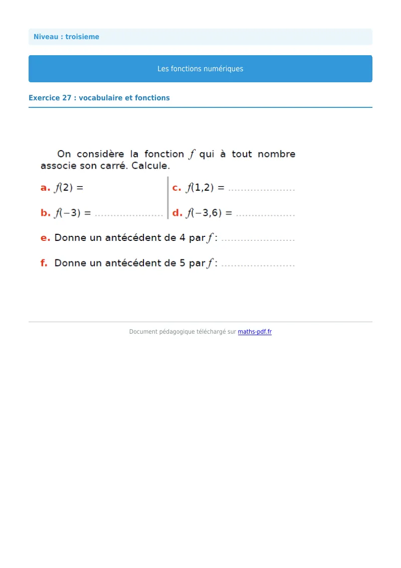 Généralités sur les fonctions : exercice n°16 de maths en 3ème corrigé en PDF