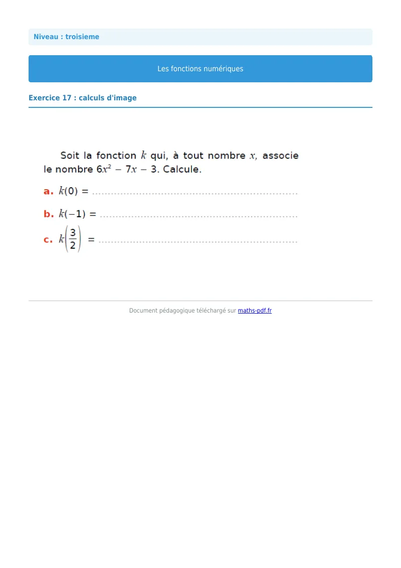 Généralités sur les fonctions : exercice n°17 de maths en 3ème corrigé en PDF