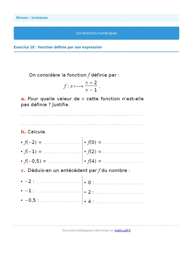 Généralités sur les fonctions : exercice n°18 de maths en 3ème corrigé en PDF