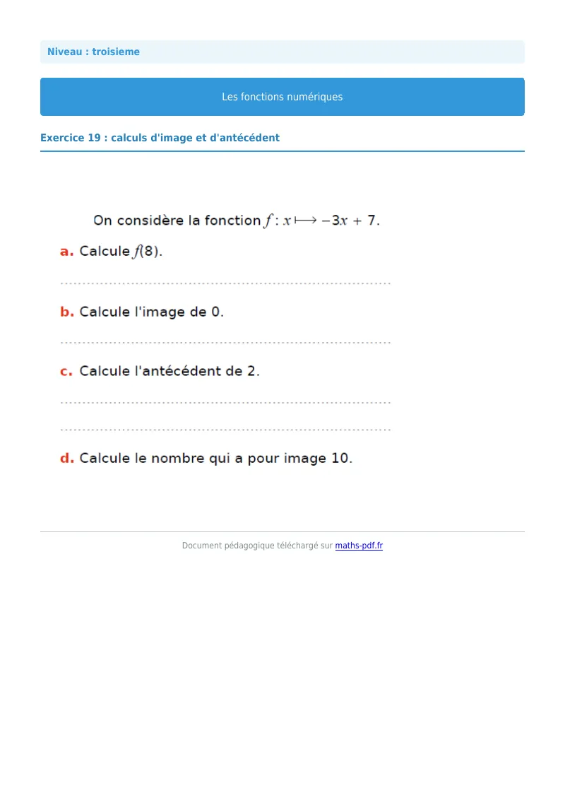 Généralités sur les fonctions : exercice n°19 de maths en 3ème corrigé en PDF