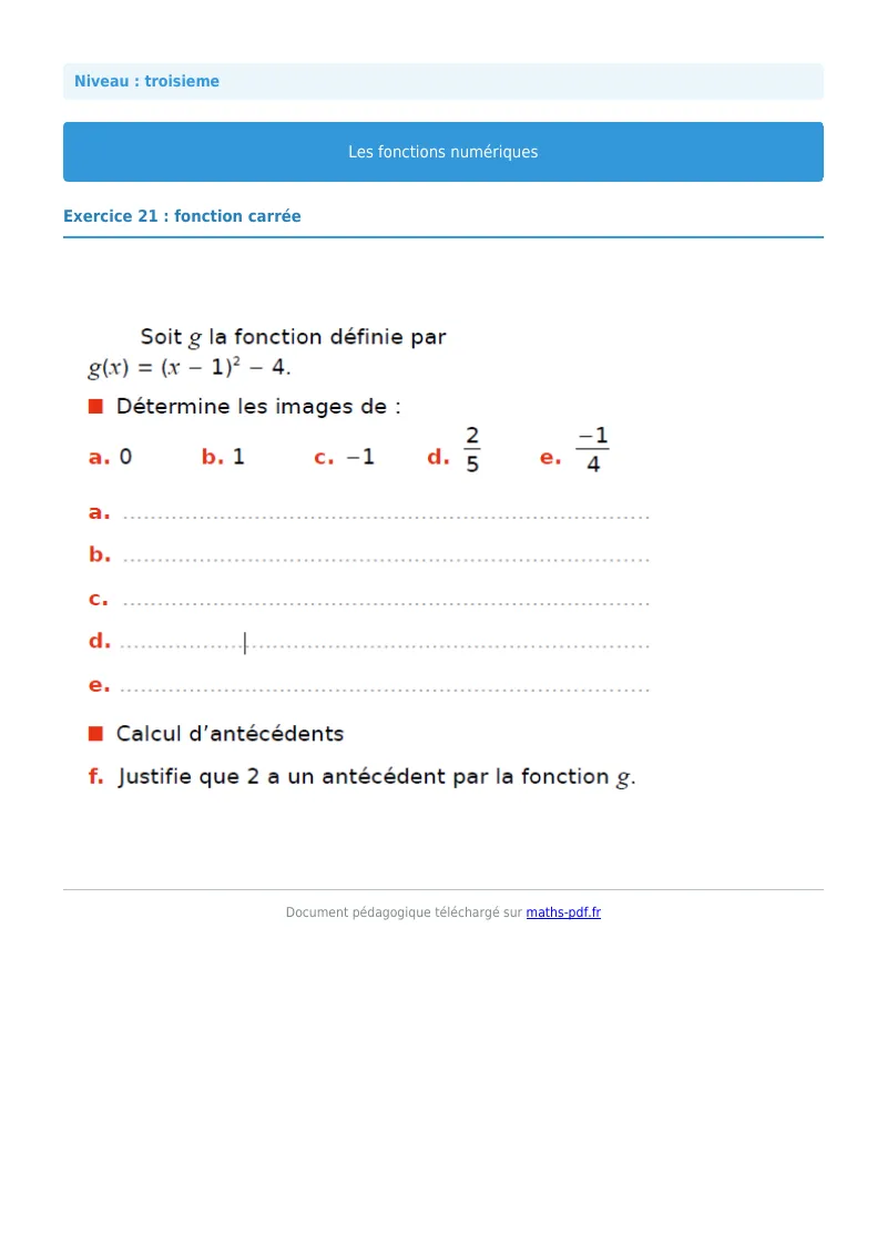 Généralités sur les fonctions : exercice n°21 de maths en 3ème corrigé en PDF