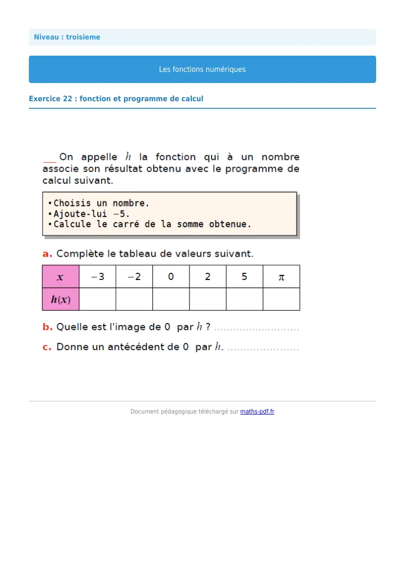 Généralités sur les fonctions : exercice n°22 de maths en 3ème corrigé en PDF