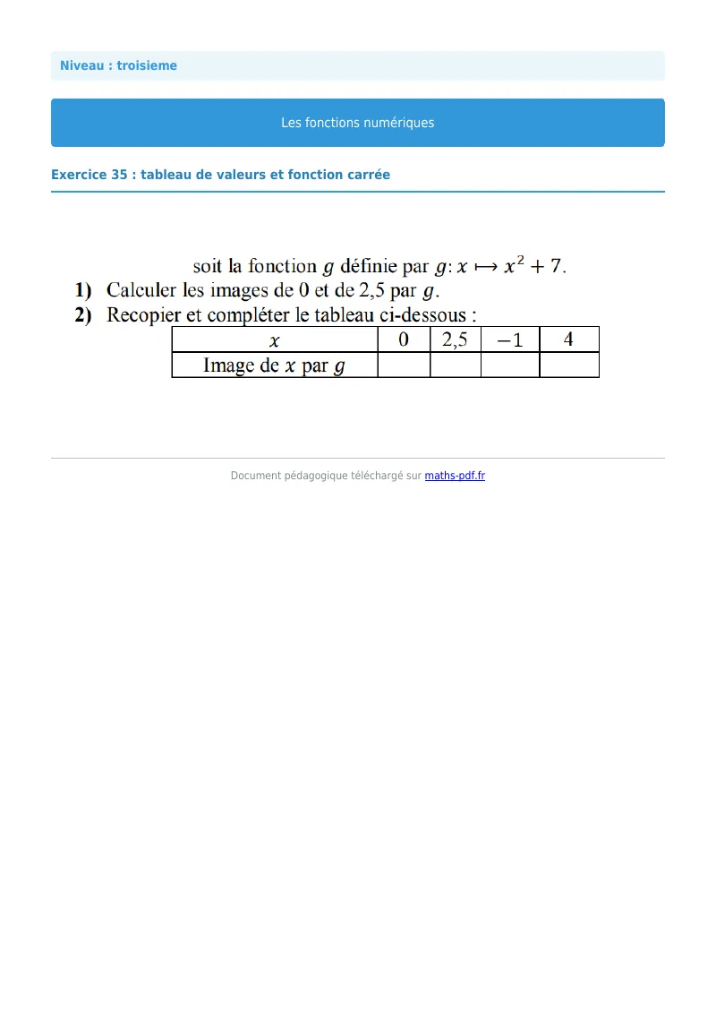 Généralités sur les fonctions : exercice n°35 de maths en 3ème corrigé en PDF