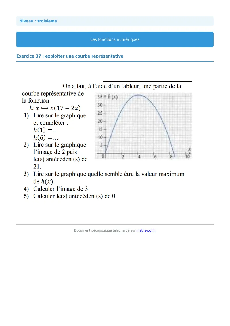 Généralités sur les fonctions : exercice n°37 de maths en 3ème corrigé en PDF