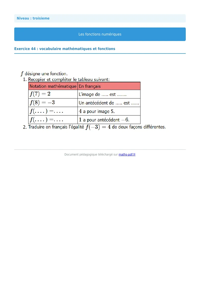 Généralités sur les fonctions : exercice n°44 de maths en 3ème corrigé en PDF