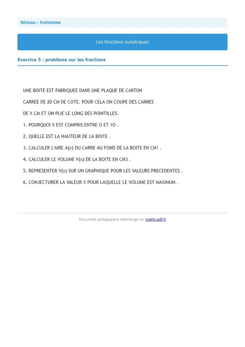 Généralités sur les fonctions : exercice n°5 de maths en 3ème corrigé en PDF
