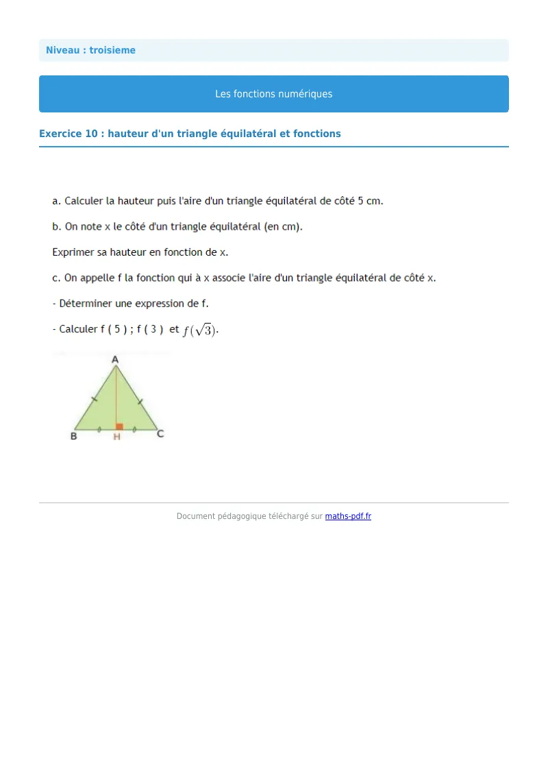 Généralités sur les fonctions : exercice n°10 de maths en 3ème corrigé en PDF