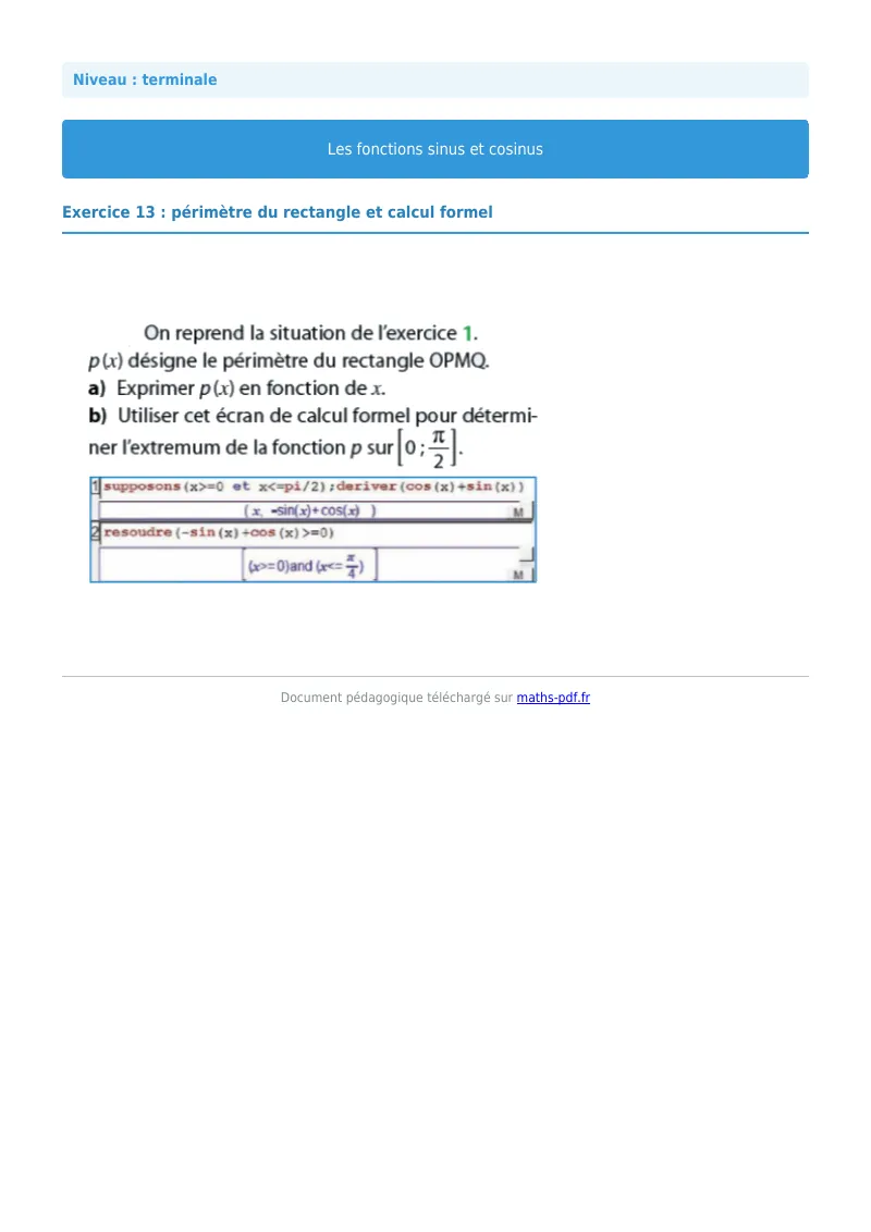 Fonctions sinus et cosinus : exercice n°13 de maths en terminale corrigé en PDF
