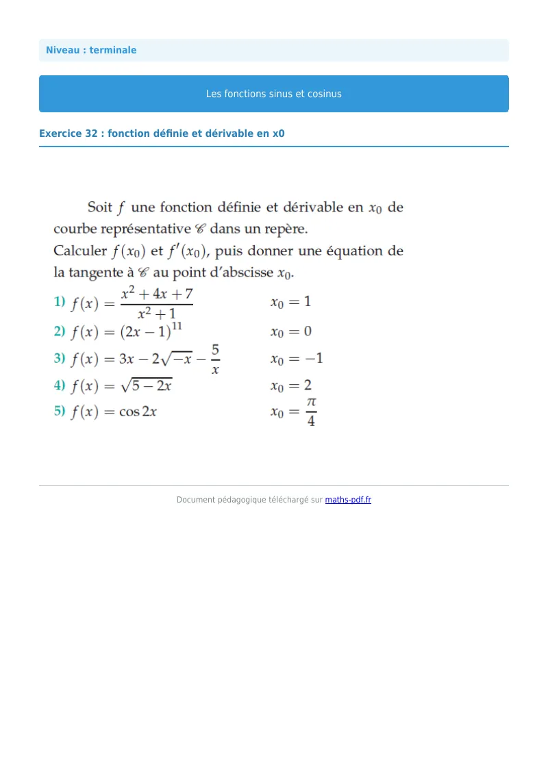 Fonctions sinus et cosinus : exercice n°32 de maths en terminale corrigé en PDF