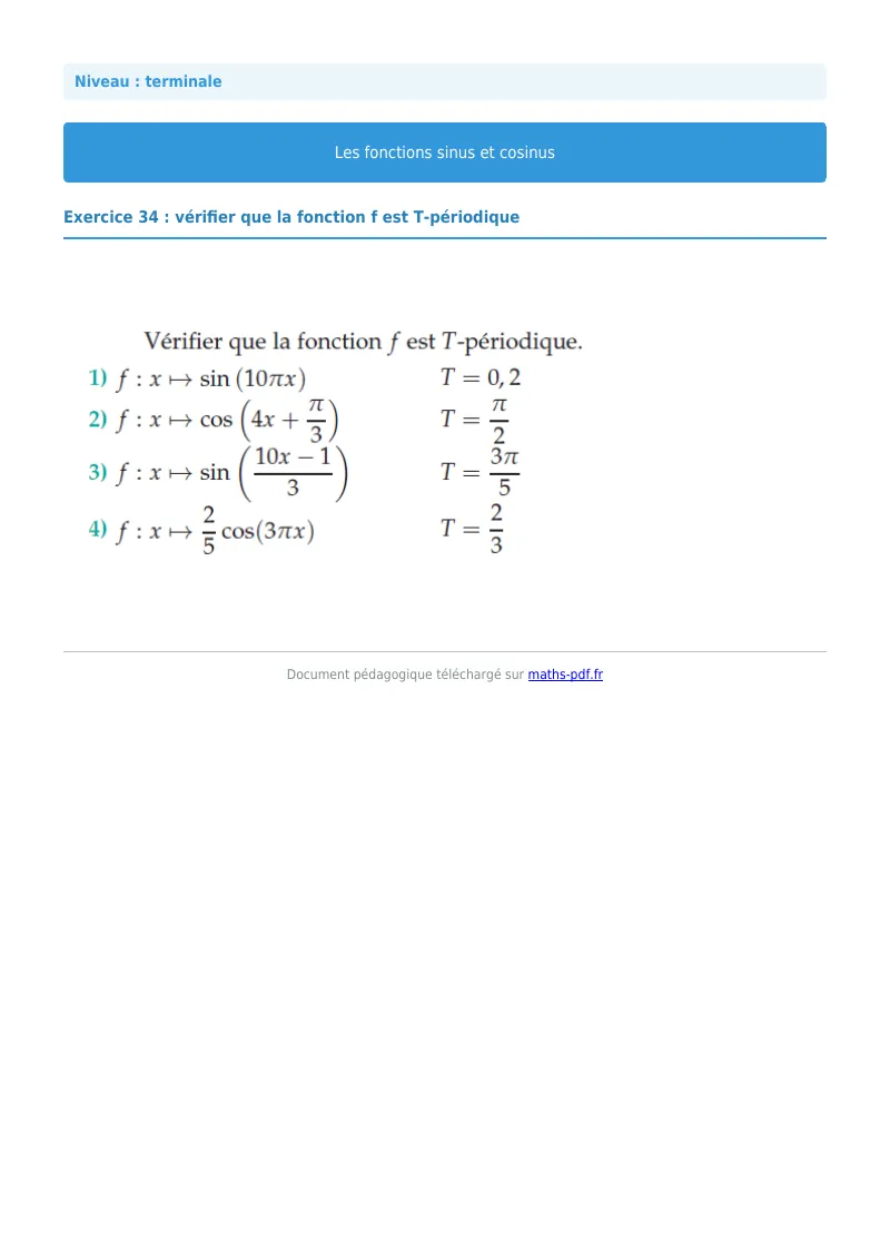 Fonctions sinus et cosinus : exercice n°34 de maths en terminale corrigé en PDF