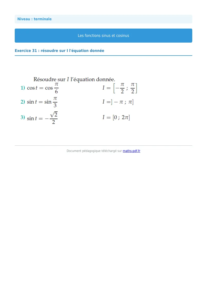 Fonctions sinus et cosinus : exercice n°31 de maths en terminale corrigé en PDF