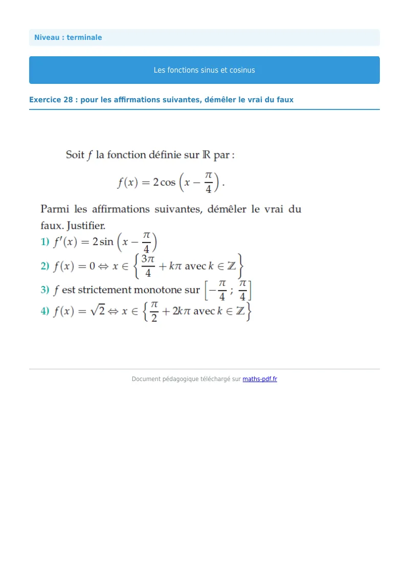 Fonctions sinus et cosinus : exercice n°28 de maths en terminale corrigé en PDF