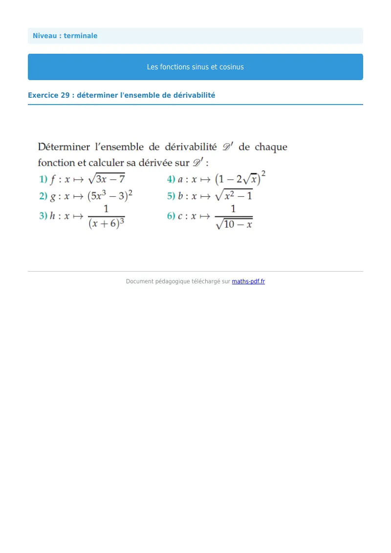 Fonctions sinus et cosinus : exercice n°29 de maths en terminale corrigé en PDF